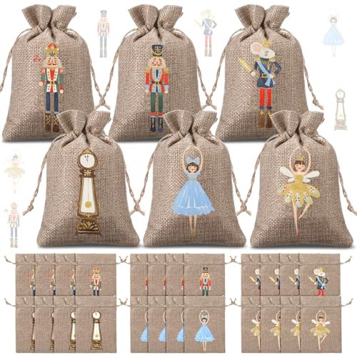 Kinlop 24 Pieces Christmas Burlap Gift Bags with Drawstrings 6 Designs Christmas Holiday Treat Bags Goody Bags Linen Wrapping Candy Bag Jewelry Pouches for Xmas New Year Party Favors (Nutcracker)