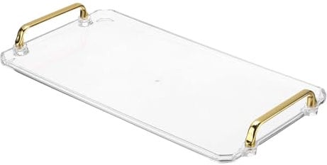 PATIKIL 16.1 x 8.7 Inches Plastic Serving Tray with Golden Handles, Reusable Tray Rectangular Party Platters for Dessert Coffee Tea Table, Living Room Kitchen Countertop, Transparent