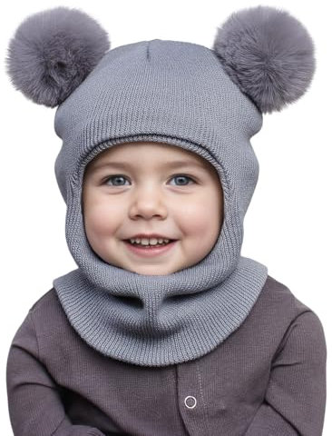 ZLLkeji Baby Wintermütze Kinder Schlupfmütze Bär Kindermützen mit Bommel Winddicht Kälteschutz Strickmütze Warm Beanie Kleinkinder für 6 Monate-8 Jahre Alt Baby Grau