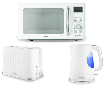 Tower Sonar White 1.7L 3KW Kettle, 2 Slice Toaster & T24041WHT 800W 20L Digital Microwave. Contemporary Matching White Kettle, Toaster Set & Microwave Set