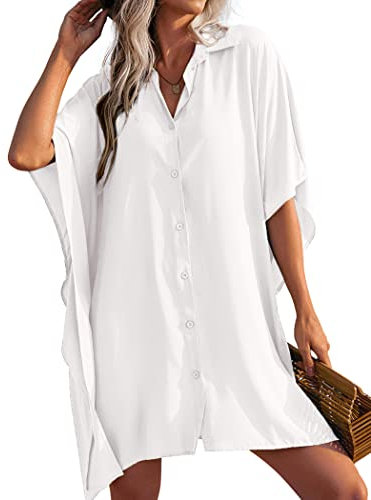 AI'MAGE Women Swimsuit Cover Up 3/4 Sleeve Beachwear Bikini Coverups Button Down Oversized Cover Up Shirt White S