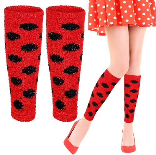 Jadive Beinwärmer Stulpen aus Korallenfleece Lange Beinstulpen für Frauen Mädchen Damen Karneval Mottoparty Cosplay Zubehör(Rot und Schwarz,Marienkäfer)