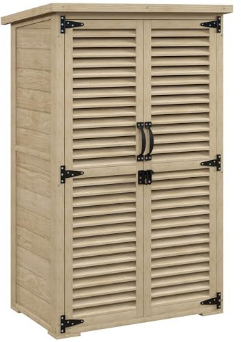 Outsunny Armoire de Jardin, cabane de Jardin extérieur en Bois, Toit bitumé, avec 2 étagères, Portes persiennes verrouillable, 75 x 50 x 118, Bois Naturel