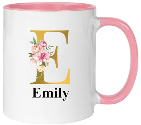 Hoolaroo Personalised Mug Gift for Women, Pink 11oz Letter Name Flower Present for Mum Nanny Nan Girl Coffee Tea - Floral Gold