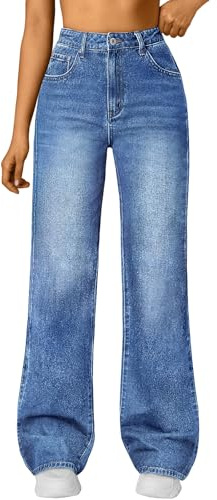 Trendy Queen Women's High Waisted Straight Wide Leg Jeans, Comfort Stretch Baggy Denim Pants Blue 10