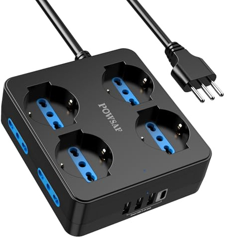 POWSAF Mehrfachsteckdose 4 quadratische Steckdosen, Steckdosenleiste mit 4 USB und Schalter - Kompakte Mehrfachsteckdose für Zuhause/Büro, Schwarz