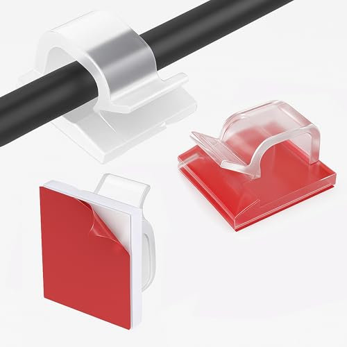 100 Pcs Clear Self-Adhesive Cable Clips – Sticky Wire Clips for Cable Management, Fairy Lights, LED Strip Lights, Wall Hook Clips for Desk, Office, Xmas Decor – Indoor & Outdoor Cord Organiser Hooks