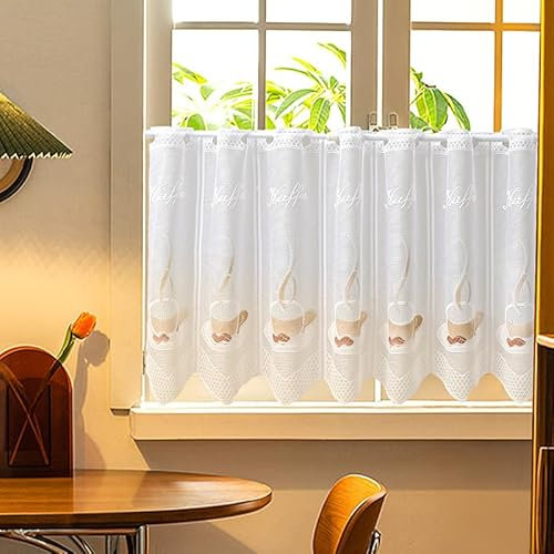 Daliena Scheibengardinen Jacquard Spitze Gardine Kurz Kaffeegardine Küchengardine Modern Minimalistisch Kurzgardine Halbtransparente, Dekorativer Fenstergardinen für Café (BxH 90x45cm) Weiß 1 Stück