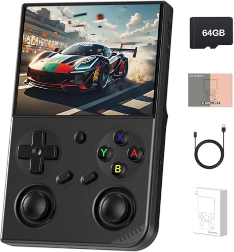 RG35XX Pro Console de jeu portable rétro avec carte de 64 Go, système Linux 64 bits, support d'arcade portable, 30 simulateurs, WiFi, Bluetooth, sortie HD (noir)