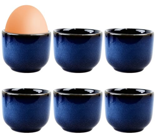 ROTKUSZ Eierbecher 6er Set, Vintage Blau Eierbecher Keramik, Handgetöpfert, Glänzender Oberfläche, Eierständer Porzellan, für Gekochten Eiern, Frühstück, Brunch, Abendessen, Spülmaschinenfest