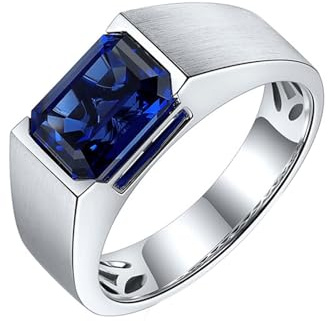 Homxi Herren Trauring Weißgold Ring 750, Solitär Rechteck mit Erstellter Saphir 3,51 Karat, Verlobungsringe Blau Silber Herren Größe 66 (21.0)