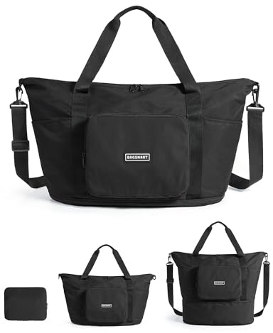BAGSMART Faltbare Reisetasche Damen, 37L Handgepäck Tasche Sporttasche | Travel Bag Duffle Bag, Weekender Wickeltasche Trainingstasche, Handtasche für Sport & Reisen, Schwarz
