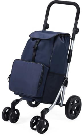 Packaway Einkaufstrolley mit 4 Rädern – Deluxe Einkaufswagen mit Kühlfach & verstellbarem Griff – 60 Liter – Blau – Faltbarer Einkaufsroller mit großer Tasche