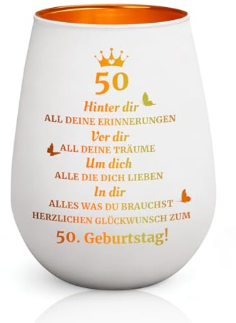 Windlicht Glas Geschenke zum 50 Geburtstag Frau - Elegante 50. Geburtstag Frau Deko Gold - Exklusives Graviertes Teelichthalter Geschenk 50 Geburtstag für Mama Freundin 50 Jahre Jubiläum ﻿
