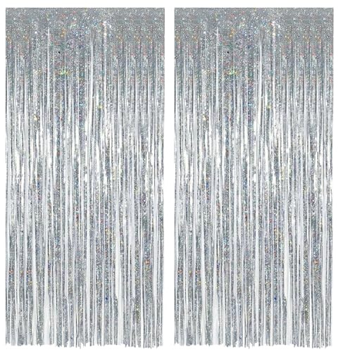 Alaoo Lametta-Vorhang, Aluminiumfolie, Fransenvorhang, Silber,2.5m*2pcs | hängende Türschlangen, Party-Luftschlangen, Dekorationen für Geburtstagsparty, Abschlussfeier, Weihnachten, Fotohintergrund