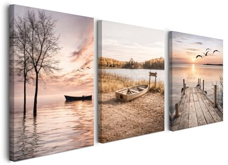 Alptiny Set von 3 Landschaft Wandbilder 30x40 cm, Naturbilder mit Boot, Bäumen und See, Leinwandbilder für Wohnzimmer, Mit Aufhängehaken und Nägeln für einfache Montage
