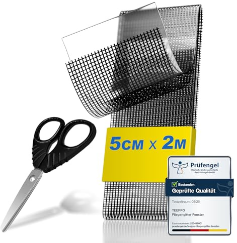teeppo Fliegengitter Reparatur Klebeband Set, Schwarz, 2m x 5cm | Glasfaser Reparaturband für Fliegengitter, stark selbstklebend, inklusive Schere, einfache Anwendung gegen Risse und Löcher