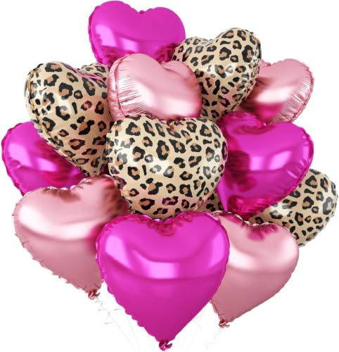 Herz Folienballons, 12 Stück Herz Helium Luftballons, 45 CM Herzluftballons in Drei Varianten: Rosenrot, Pink, Leopardenmuster, Helium Ballons, Romantisch Deko für Geburtstage Valentinstag Hochzeit
