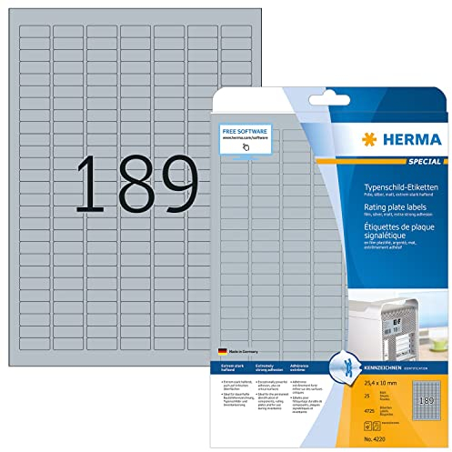 HERMA 4220 Typenschild Folien-Etiketten silber, 25 Blatt, 25 x 10 mm, 189 pro A4 Bogen, 4725 Stück, selbstklebend, bedruckbar, wetterfest, blanko Klebeetiketten Aufkleber aus Folie