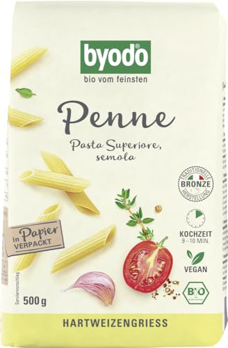 Byodo Bio Helle Penne, 500g - Teigwaren, Schräg geschnitten, Perfekt al dente, 9-10 Minuten Kochzeit, Ideal für Saucen Bio-Qualität - Genießen Sie italienische Premium Pasta (1x 500g)