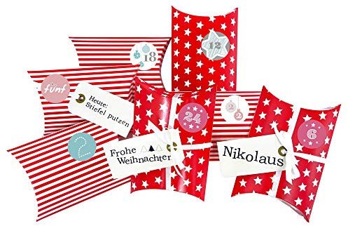 Frau WUNDERVoll® DIY Adventskalender zum Befüllen Christkind: Set 177, Kissenschachteln 15x11x4,5cm rot Sterne und Streifen, Ziffern Pastell