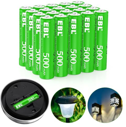 EBL Piles Rechargeable AAA Solaire Ni-MH 500mAh 1.2V, Piles de Lampe de Jardin, 8+ Ans de Performances, avec Boîte de Stockage de Piles, 20 Packs…