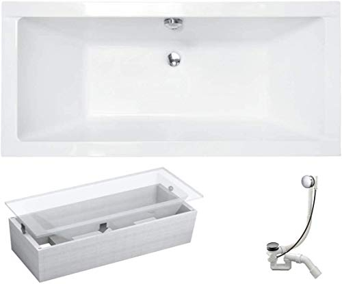 VBChome Badewanne 180x80 cm Acryl SET Wannenträger Siphon Wanne Rechteck Weiß Design Modern Styroporträger Ablaufgarnitur in Chrom Viega Simplex für 2 Personen