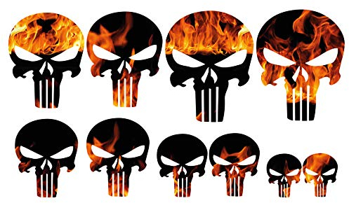 Totenschädel Aufkleber Totenkopf Set 10 Stück FEUER Oldschool Autoaufkleber Motorrad Sticker Feuerbal Camouflage Bunt