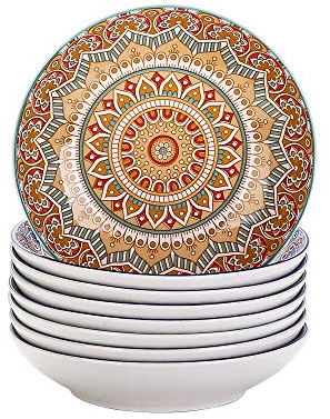 vancasso serie Mandala Juego de 8 Platos Hondos Platos de Porcelana para Sopa/Ramen Ensalada, 700ML Pintado a mano 4 Colores