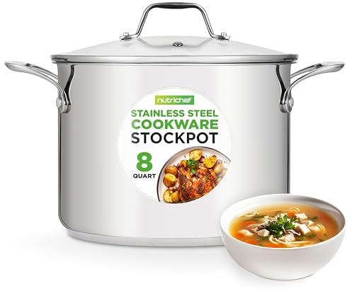 NutriChef Large Stainless Steel Stock Pot with Lid - Big Soup Pot, Heavy Cooking Pot with Glass Lid - Stew Pot, Cookware Induction Pot, Mirror Finish Stockpot, Deep Casserole Pot, 8-Qt / 7.6 Litre