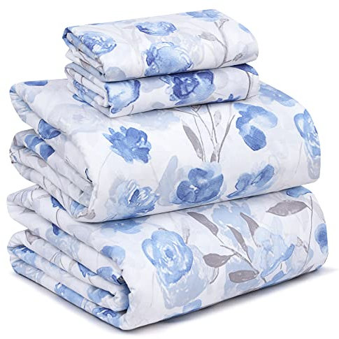 Ruvanti Set di lenzuola in 100% cotone, per letto matrimoniale, 4 pezzi, morbide e traspiranti, tasca profonda 40,6 cm, qualità da hotel, fresche, resistenti, completo floreale, monotono