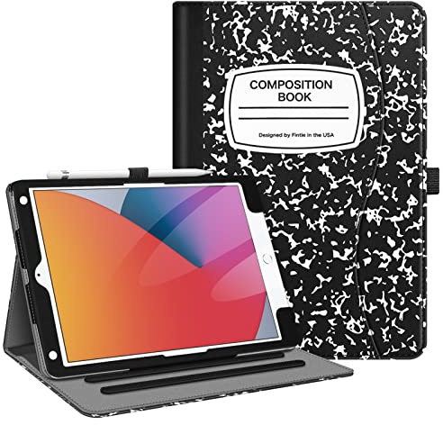 Fintie - Custodia per iPad 9a/8a/7a generazione 2021/20/19, 10,2”, con protezione degli angoli, visualizzazione multi-angolo, tasca e portapenne, supporta spegnimento automatico, Composition Book
