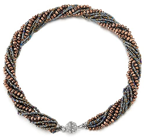 COOLSTEELANDBEYOND Braun Gold Statement Anhänger Multi-Schichten Perlen Kristall Geflochtene Kette Halsband Choker Magnetverschluss
