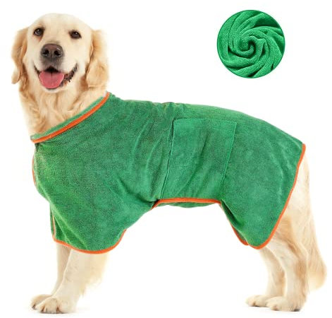 AmazeFun Hunde-Bademantel Mikrofaser, Mit Klettverschluss Schnell Trocknend Badetuch, Sehr Saugfähig, mit verstellbaren Trägern, Geeignet Für Große und Mittlere Hunde (L)
