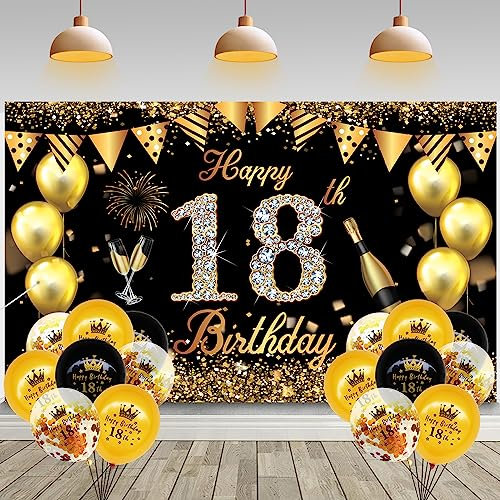MXTIMWAN Telón de Fondo de 18 Cumpleaños, Pancarta de Feliz Cumpleaños con Globos de Cumpleaños, Cumpleaños Pancarta Decoración de Oro Negro para Hombres y mujeres Decoracion 18 Cumpleaños
