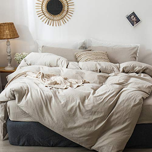 MOOMEE Set di biancheria da letto con copripiumino, 100% cotone lavato, ruvido, traspirante, resistente, morbido e confortevole (nuovo lino marrone chiaro, grigio, Cal King)