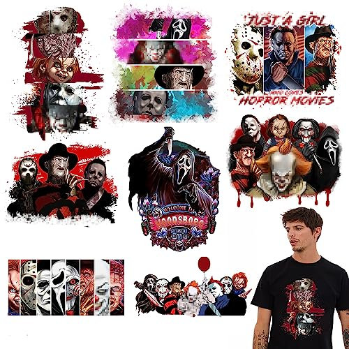 8 Sheet Halloween Iron on Patches Stickers Large Scary Movie Characters Vinyl Heat Transfer Applique Halloween Horror Clown Ghost Face Iron on Decals for T-Shirts Bags Clothing DIY Decorations