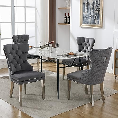 Merax Esszimmerstuhl 4er Set, Moderne Polsterstuhl mit hoher Rückenlehne und Nagelkopfbesatz, bequemer Wohnzimmerstuhl aus Samt, Stützbeine aus Metall, für Arbeitszimmer, Küche, Schlafzimmer, Grau