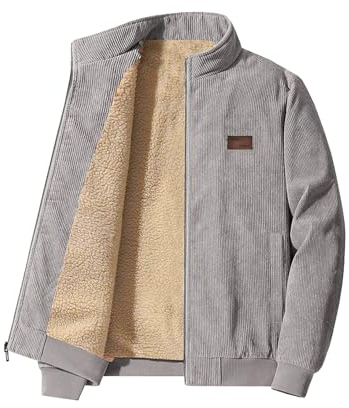 Elegancity Herren Jacke Cordjacke Stehkragen Teddyfell Gefütterte Regular Fit Reißverschluss Winterjacke Warme Mit Taschen Grau, L