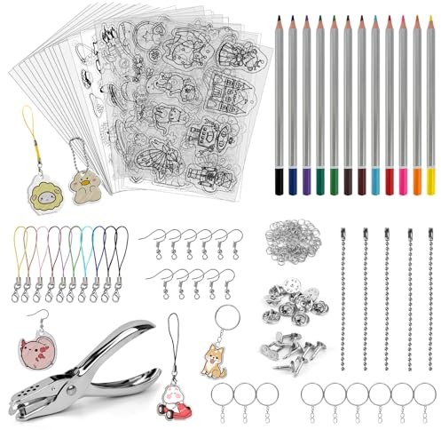 Schrumpffolie Set Schlüsselanhänger,170 Stück Schrumpffolien Set enthalten 15 Stück DIN A4 (20x29cm) Schrumpffolien Kunstdruckpapier, Locher, Papierbastelsets für Kinder