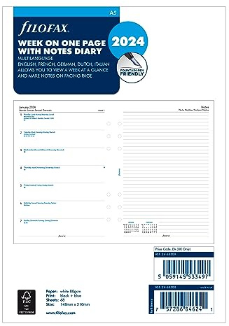 Filofax Kalender-Tagebuch-Nachfüllung, A5, Woche auf einer Seite mit Notizen, weißes Papier, mehrsprachig: Fünf Sprachen, 2024 (C68509-24)