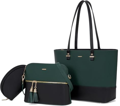 LOVEVOOK Handtasche Damen Groß Handtaschen Set Elegant Umhängetasche Shopper Tasche Schultertasche 3-teiliges Set Frauen Geschenk für Büro Uni Reise, Dunkelgrün Schwarz
