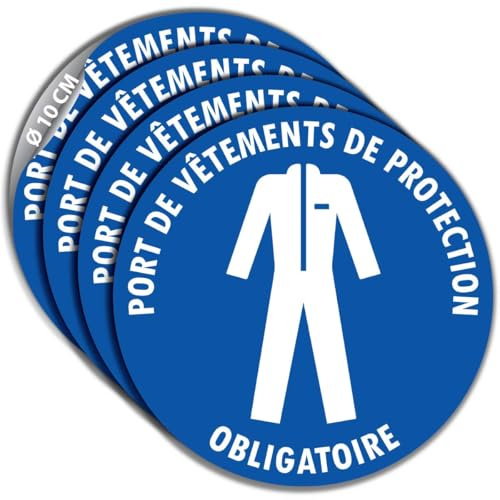 4 Stickers Ø 10 cm PORT DE VÊTEMENTS DE PROTECTION OBLIGATOIRE M010 | Étiquettes autocollantes rondes de signalisation de sécurité en vinyle adhésif pour obligation de porter une tenue de travail