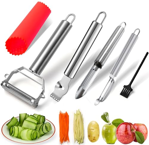 GZMAISULEE Vegetable Peeler Set - 6 Pcs Stainless Steel Julienne Peelers Kit for Apple, Fruit, Cucumber, Carrot, Potatoes and Garlic