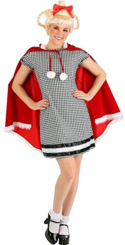 Yanny Erwachsene Cindy Lou Who Checked Gingham Kleid Red Samt Cape Handschuhe Bow Perücke Weihnachten Kostüm Mädchen (Red 3 - Weiblich, Large)
