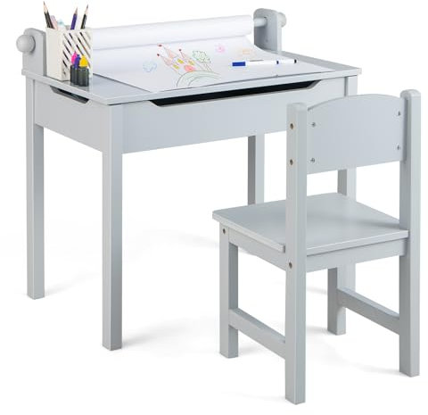 Maxmass Kids Table and Chair Set, Children Lift-top Art Desk with Paper Roller, Hidden Storage Space & Pen Slot, Toddler Wooden Activity Table Set for Drawing, Studying (Grey)