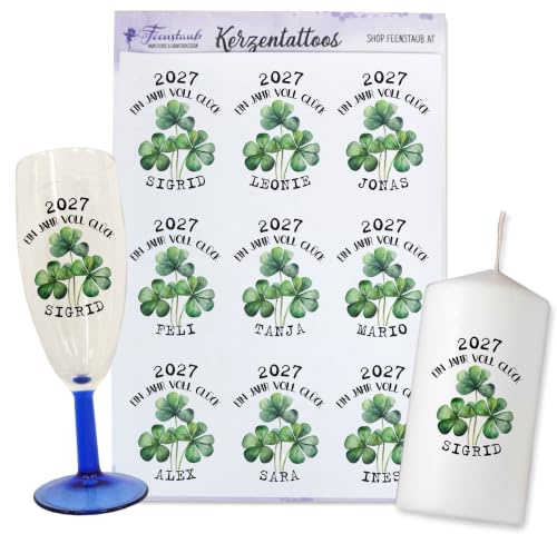 FEENSTAUB Kerzentattoos Silvester, Kerzen Tattoofolie, Mitbringsel, Personalisierbare Kerzenaufkleber, Neujahrsgeschenk, Glücksklee