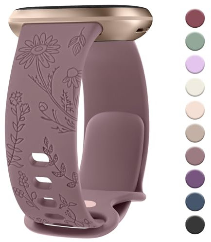 Vancle für Fitbit Versa 3 Armband/Fitbit Versa 4 Armband/Fitbit Sense Armband/Fitbit Sense 2 für Damen Herren, Silikon Armbänder Floral Gravierte Uhrenarmband Sport Ersatzarmband, Rauch Violett