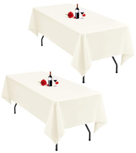 2er-Pack elfenbeinfarbene Tischdecken, 153 x 260 cm, rechteckige elfenbeinfarbene Polyester-Tischdecken für 1,8 m große Tische, waschbar, rechteckig, für Hochzeitsfeier, Bankett