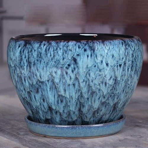 Maceta de cerámica extragrande Monstera de grano de piedra azul, maceta simple de estilo chino clásico con bandeja, maceta grande de cerámica verde para escritorio, contenedor de flores esmaltadas,